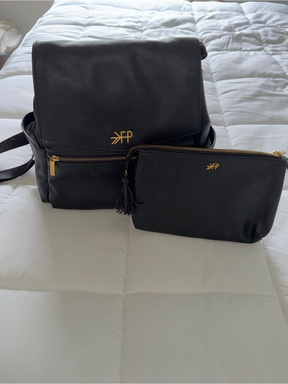 Freshly Picked Black Leather Backpack with Matching Pouch